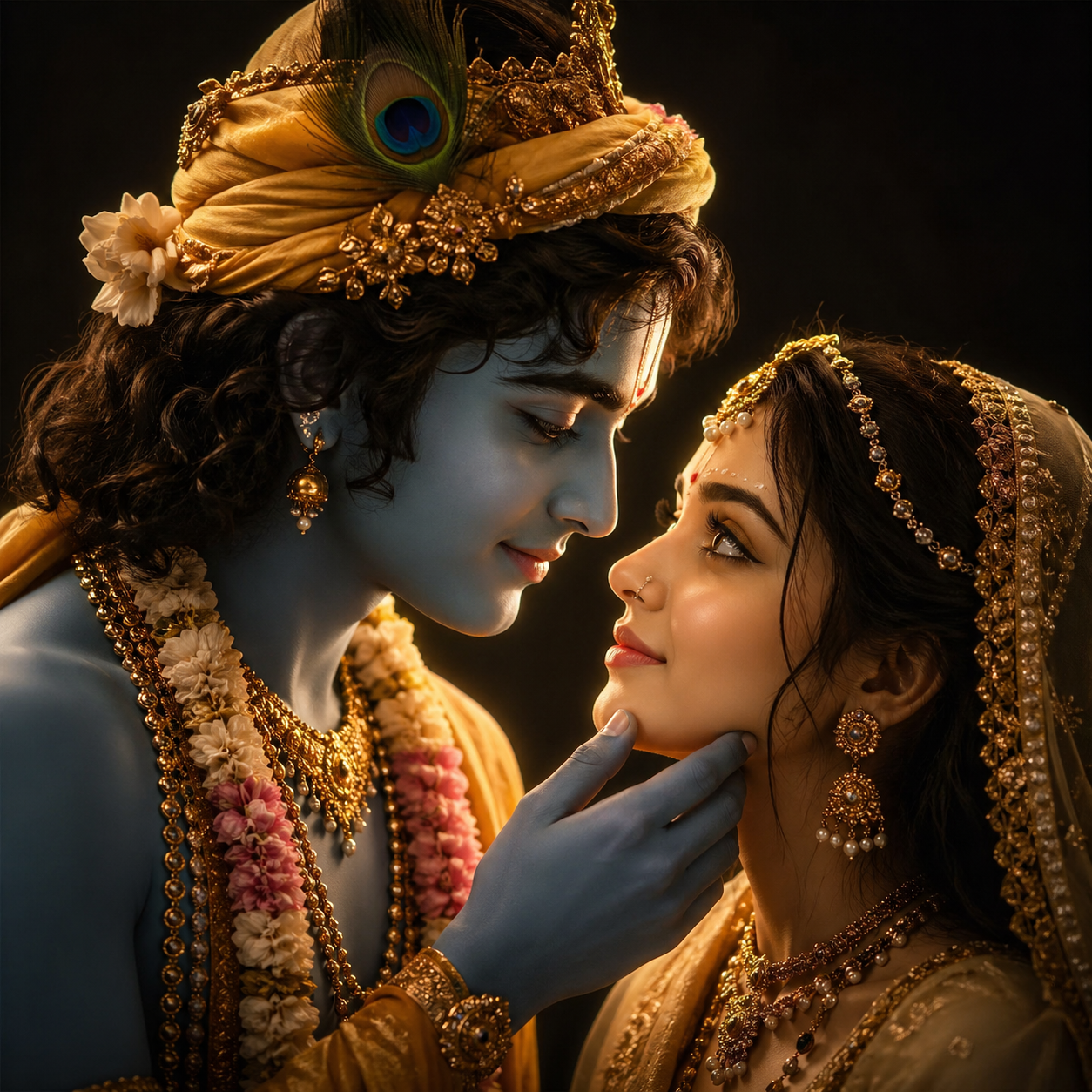 Romantic Radha Krishna DP with Krishna holding Radha chin gently in golden light dark background